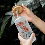 Personalised Vintage Style Watercolor Birth Flower Frosted 20oz Drinking Glass with Straw and Name Gift for Women