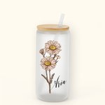 Personalised Vintage Style Watercolor Birth Flower Frosted 20oz Drinking Glass with Straw and Name Gift for Women