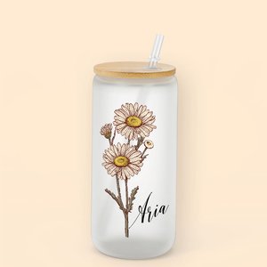 Personalisiertes Trinkglas Retro Stil Aquarell Geburtsblume mit Strohhalm Deckel und Name Geschenk für Damen Mädchen