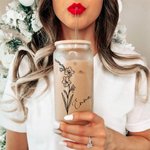 Personalisierte Geburt Blume Becher Glasdose mit Bambusdeckel und Strohhalm