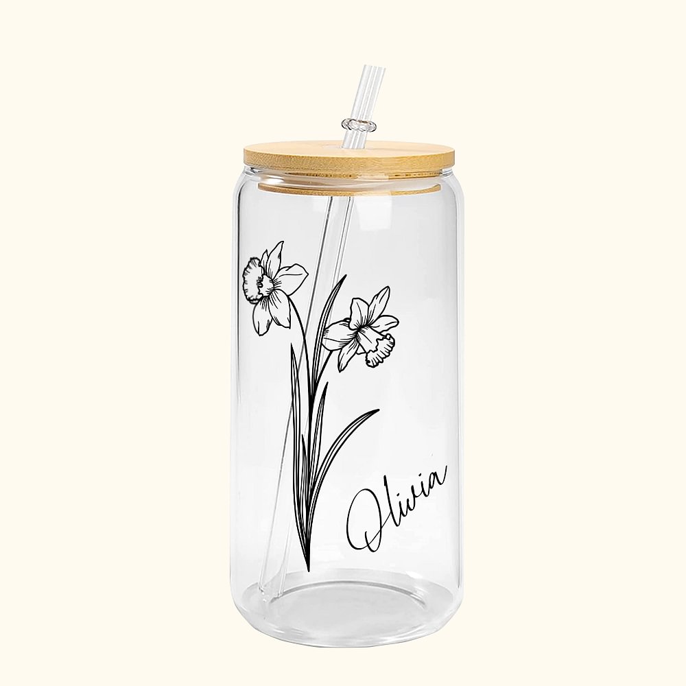 Gobelet en Verre Personnalisé avec Nom et Fleur de Naissance Verre avec Couvercle en Bambou et Paille Cadeau Fête des Mères pour Femme