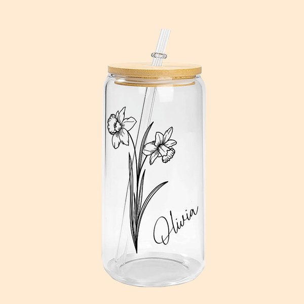 Lattina di vetro con coperchio di bambù e cannuccia con fiore di nascita personalizzato