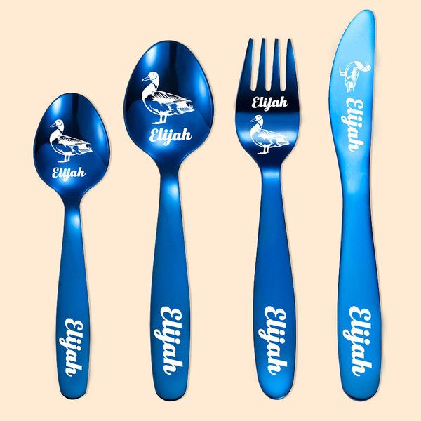 Gepersonaliseerd bestek met eend thema cadeau voor kinderen