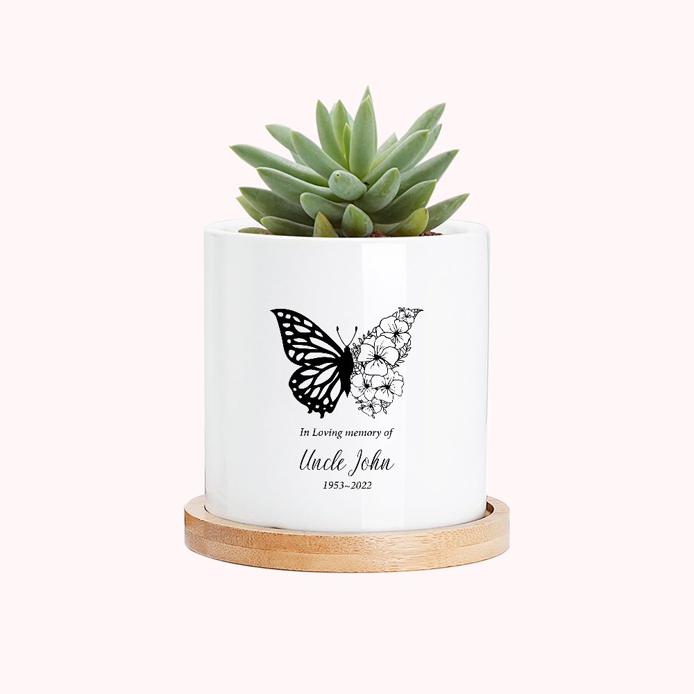 Pot Commémoratif Personnalisé avec Motif Moitié Papillon Moitié Fleur de Naissance Cadeau Souvenir Condoléances
