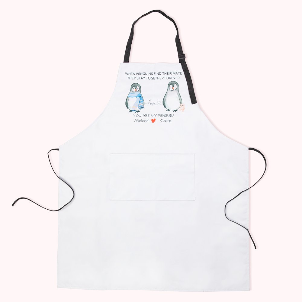 Tablier Personnalisé avec Motifs Pingouins et Nom Cadeau d'Anniversaire Saint-Valentin pour Couple Amateur de Cuisine