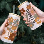 Tasse en verre personnalisée, fleurs sauvages, couvercle en bambou et paille