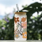 Tasse en verre personnalisée, fleurs sauvages, couvercle en bambou et paille