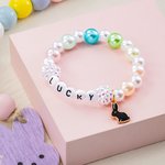 Personalized Cute Pearl Beaded Stretch Name Bracelet with Bunny Charm Easter Birthday Gift for Kids