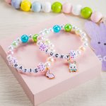 Personalized Cute Pearl Beaded Stretch Name Bracelet with Bunny Charm Easter Birthday Gift for Kids