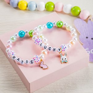 Personalized Cute Pearl Beaded Stretch Name Bracelet with Bunny Charm Easter Birthday Gift for Kids