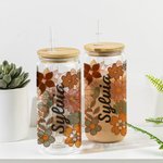 Tasse en verre personnalisée, fleurs sauvages, couvercle en bambou et paille
