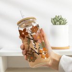 Tasse en verre personnalisée, fleurs sauvages, couvercle en bambou et paille