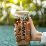 Tasse en verre personnalisée, fleurs sauvages, couvercle en bambou et paille