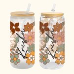Tasse en verre personnalisée, fleurs sauvages, couvercle en bambou et paille