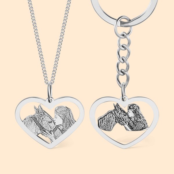 Porte-Clé ou Collier Cœur Personnalisé avec Photo Gravée Portrait avec Cheval Cadeau Anniversaire pou Amoureux de Cheval
