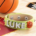 Personalized Soccer Volleyball Basketball Football Mom Leather Bracelet with Name and Bling Charm
