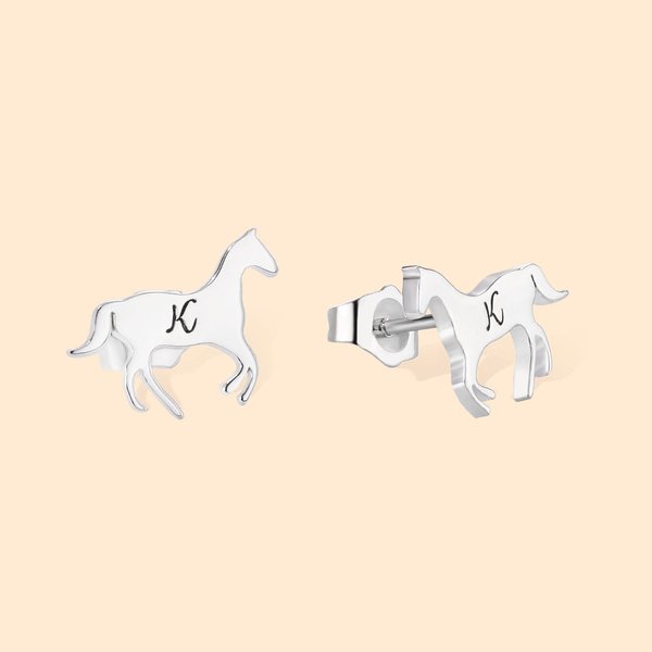 Boucle d'Oreilles en Forme de Cheval Galopant Personnalisé avec Initiale Bijoux d'Argent Cadeau d'Anniversaire Saint-Valentin pour Amatrice de Cheval