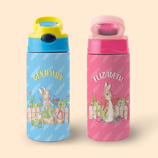 Thermos de Vaccum Personnalisé avec Nom Bouteille Pierre Lapin Paille en Silicone Cadeau d'Anniversaire ou Pâques pour Enfant