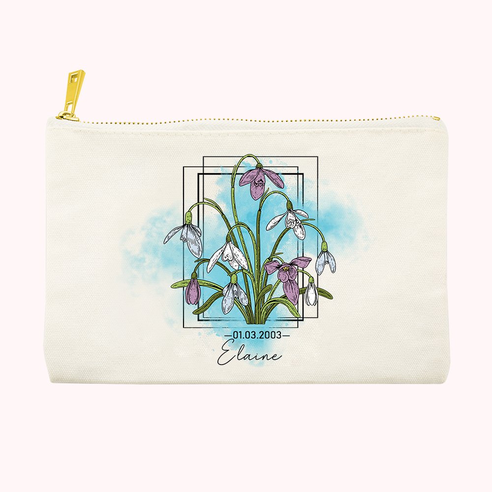 Sac de Maquillage Personnalisé avec Fleur de Naissance Nom et Date Cadeau pour Femme