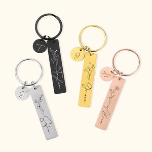 Porte-clés en Acier Inoxydable Personnalisé avec Fleur de Naissance et Initiale sur Disque Cadeau Noël Mariage Fête des Pères pour Famille