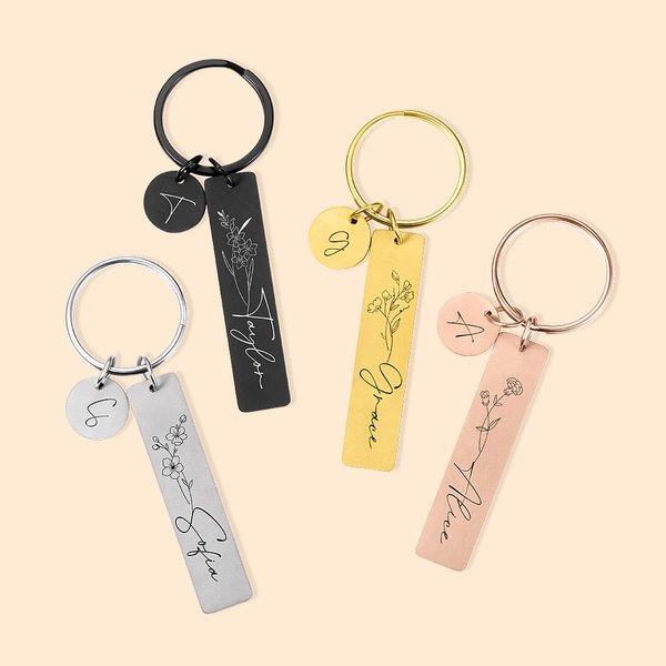 Personalised Name Birth Flower Stainless Steel Keychain with Initial Disc