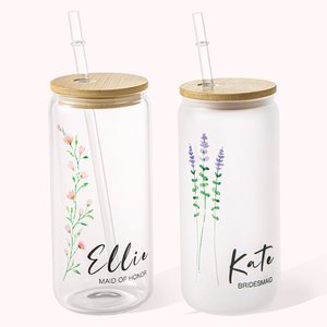 Personalisierte wilde Blume Geburt Blume und Name kann Glas Becher 20oz Geschenk für Brautjungfer