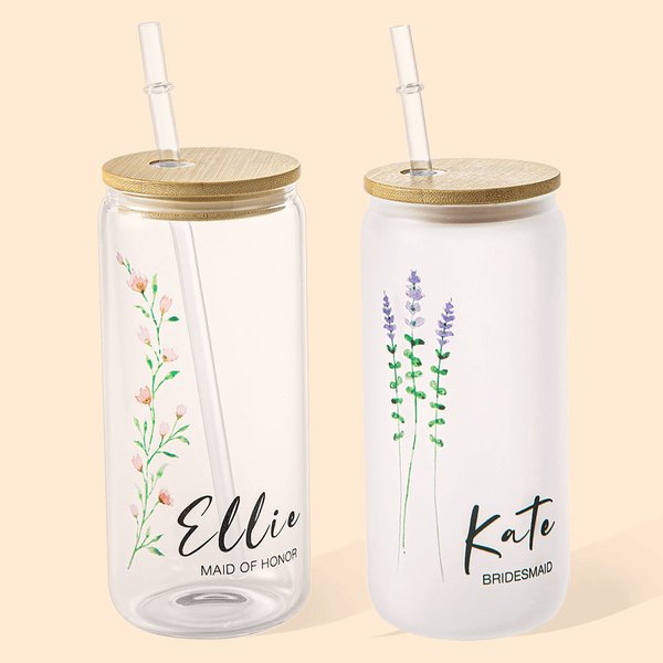 Gobelet en Verre Personnalisé avec Nom et Fleur de Naissance Cadeau d'Anniversaire Mariage pour Demoiselle d'Honneur