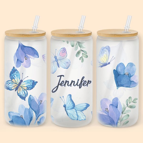 Personalized Butterflies and Flower Can Glass Tumbler with Bamboo Lids 20oz