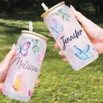Personalized Butterflies and Flower Can Glass Tumbler with Bamboo Lids 20oz