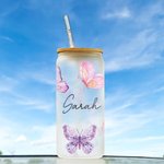 Personalized Butterflies and Flower Can Glass Tumbler with Bamboo Lids 20oz