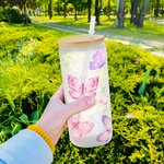 Personalized Butterflies and Flower Can Glass Tumbler with Bamboo Lids 20oz