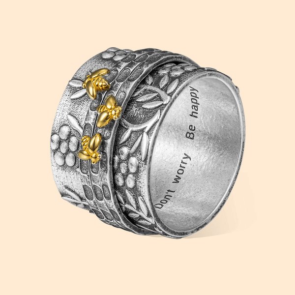 Anillo personalizado de la flor floral de la abeja Meditation Spinning Wide Band Anxiety Worry Fidget Ring