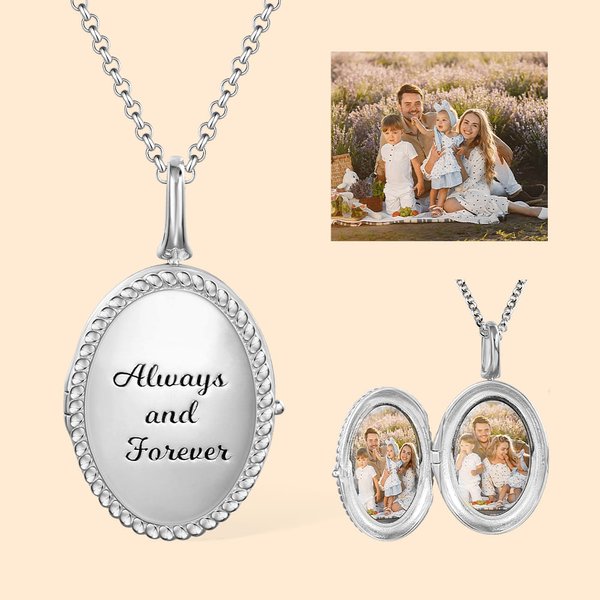 Personalized 2 Photos Oval Locket Necklace with Engraved Text Mother's Day Birthday Jewelry Gift for Women