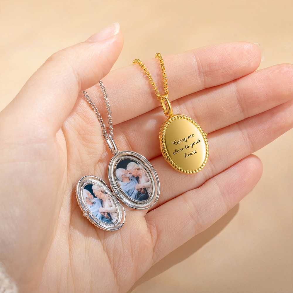Personalized 2 Photos Oval Locket Necklace with Engraved Text Mother's ...