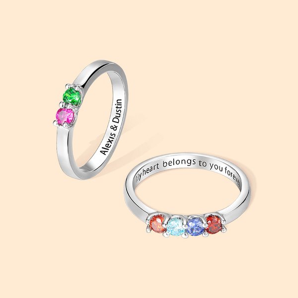 Gepersonaliseerd Sterling Zilver Elegant 1-8 Geboortestenen Ring met Gegraveerde Tekst Verjaardag Moederdag Cadeau voor Mama Oma