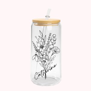 Personalisierte Glasflasche Namen und Geburtsblumenstrauß Trinkglas mit Deckel Strohhalm Muttertag Geschenk für Oma Mutter Damen
