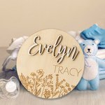 Personalised Wood Baby Birth Announcement Sign with Wildflower and Name