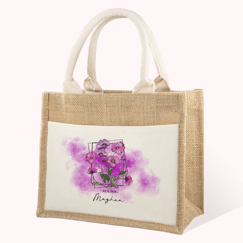 Sac de rangement en toile de jute aquarelle personnalisé avec le nom de la fleur.