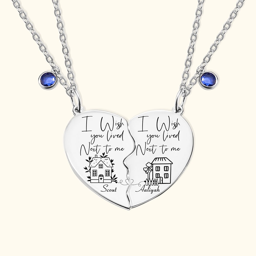 Collier en Coeur Personnalisé avec Prénom Pierre de Naissance Set de 2 Motif Maison Cadeau Anniversaire pour Meilleure Amie