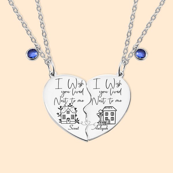 Collier en Coeur Personnalisé avec Prénom Pierre de Naissance Set de 2 Motif Maison Cadeau Anniversaire pour Meilleure Amie