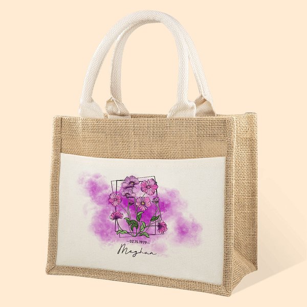 Gepersonaliseerde Jute Burlap Opbergtas Waterverf Geboortebloem met Naam