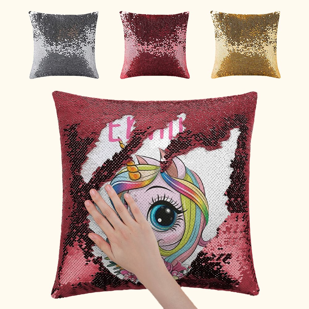 Taie d'oreiller réversible à paillettes fantaisie Licorne avec nom Cadeau pour enfant