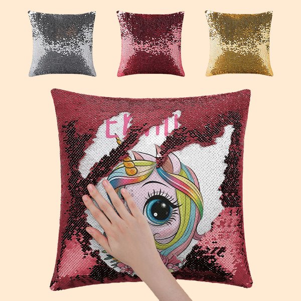 Personalisierte Fantasy Einhorn Reversible Magie Pailletten Flip werfen Kissenbezug mit Namen Kind Geschenk
