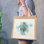 Sac de rangement en toile de jute aquarelle personnalisé avec le nom de la fleur.