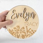 Personalised Wood Baby Birth Announcement Sign with Wildflower and Name