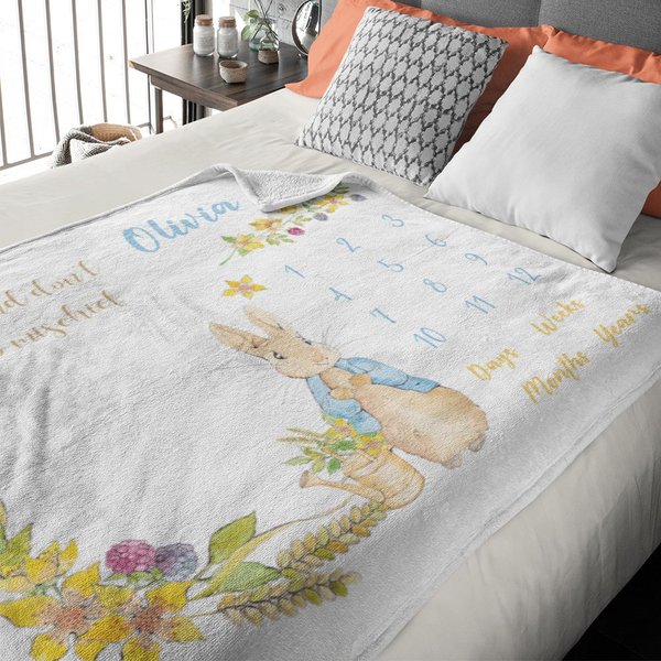Personalizado Peter Rabbit Baby Milestone Growth Tracker Manta suave Foto Prop Baby Shower Cumpleaños Regalo para el recién nacido Kid