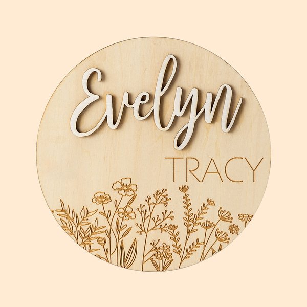 Wood Baby Birth Announcement Sign with Wildflower