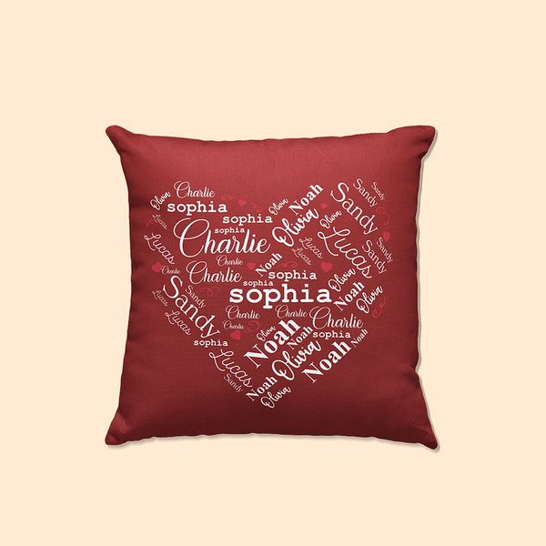Housse de Coussin Personnalisée avec Collage de 1-20 Noms Bourrage à Choix Décoration de Maison Cadeau St-Valentin Emménagement pour Couple Famille