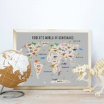 Carte du monde des dinosaures art mural personnalisé, poster éducatif pour enfants