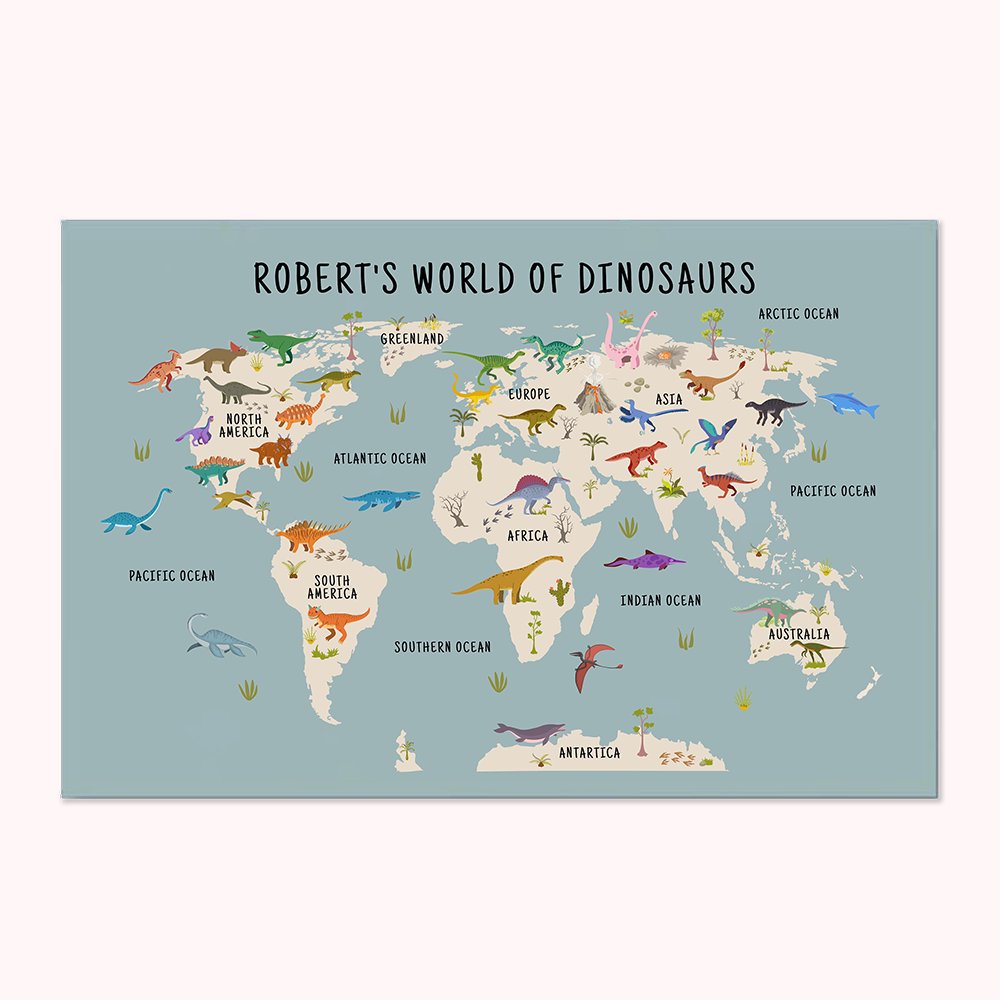 Carte du monde des dinosaures art mural personnalisé, poster éducatif pour enfants